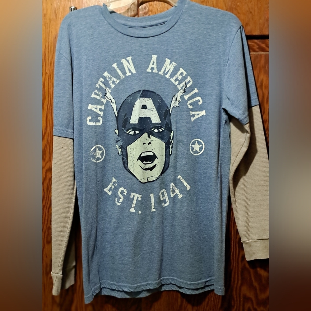 Marvel Comics Captain America Heather Blue Long Sleeve Shirt